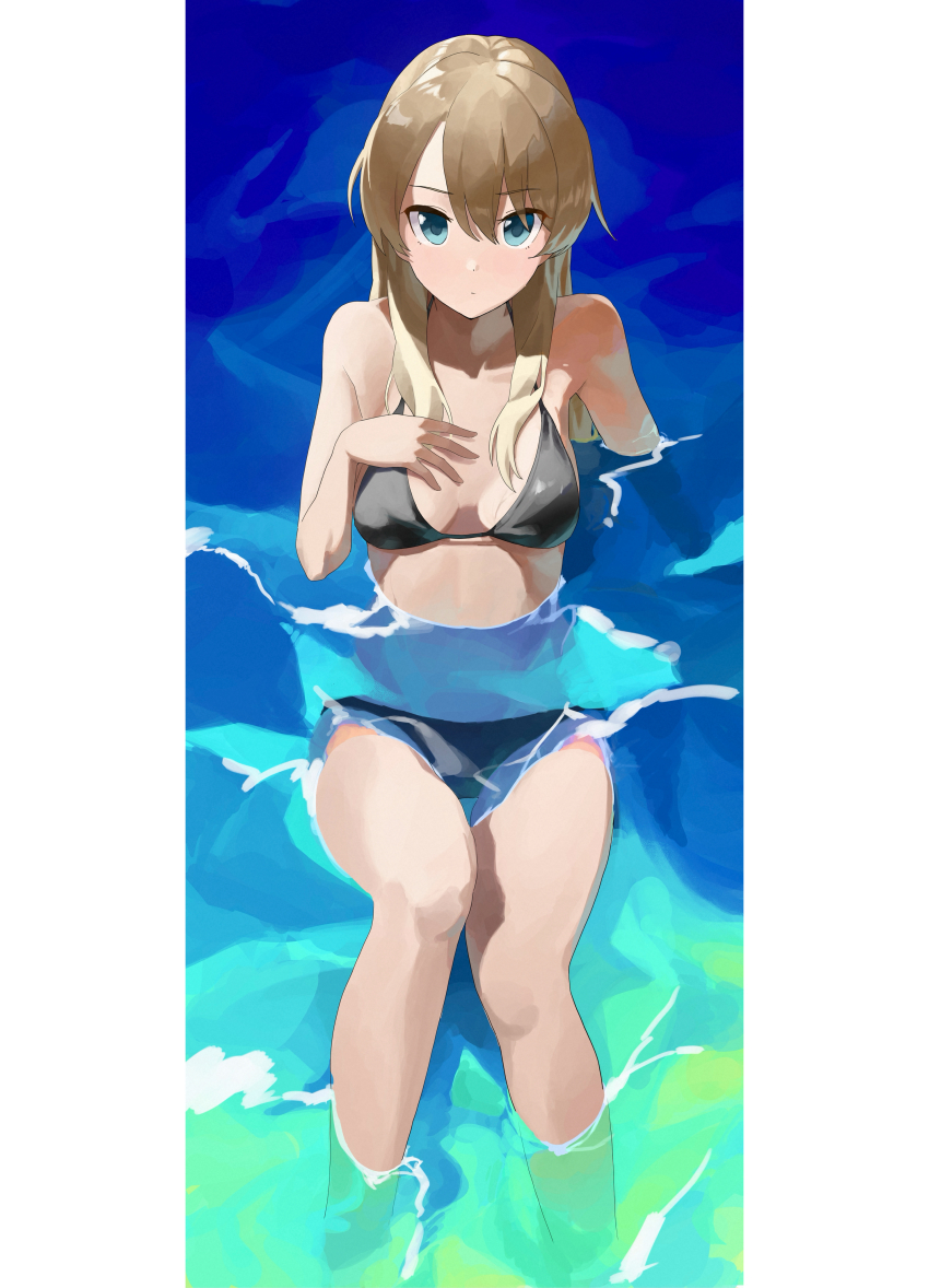 1girl absurdres bare_arms bare_legs bikini black_bikini blonde_hair border breasts chiisamekai cleavage closed_mouth collarbone green_eyes hair_between_eyes highres long_hair looking_at_viewer new_game! pillarboxed sitting small_breasts solo straight_hair swimsuit water white_border yagami_kou