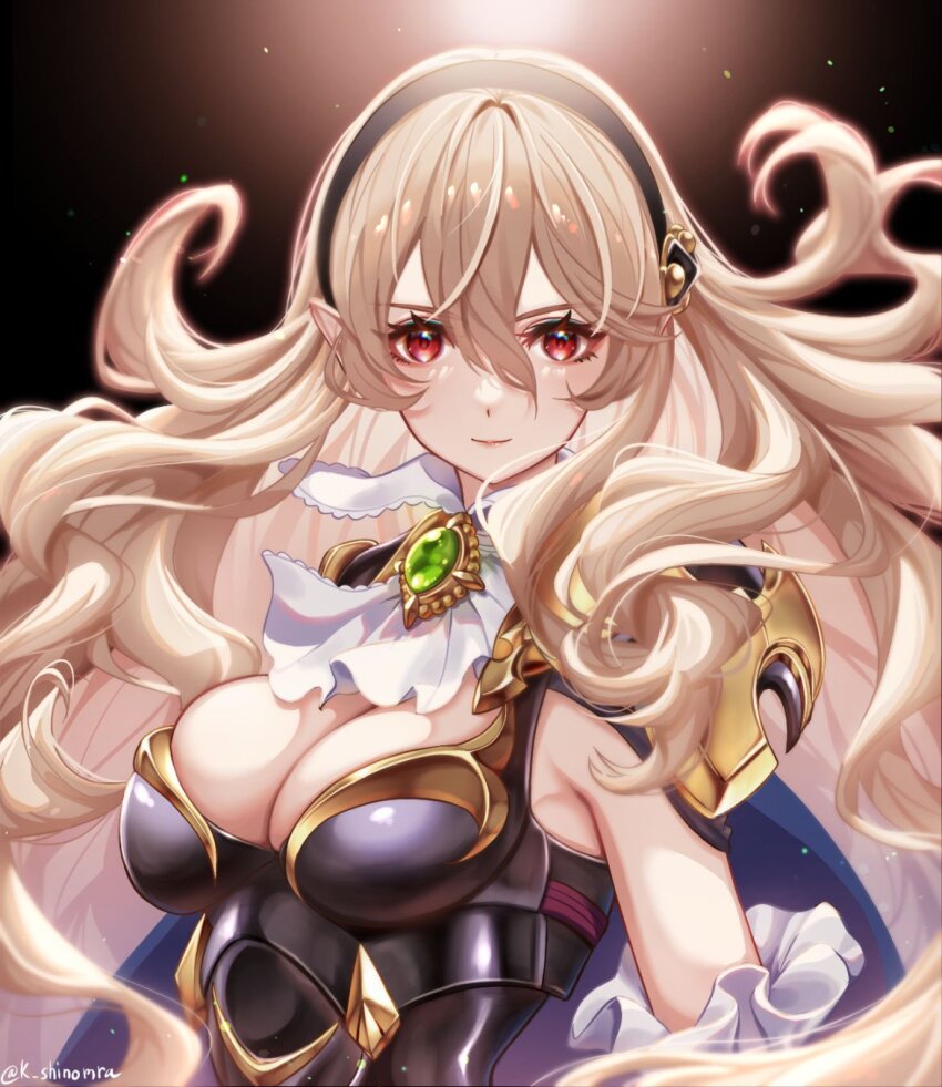1girl armor ascot black_hairband blush breasts cape cleavage corrin_(female)_(fire_emblem) corrin_(female)_(nohr_noble)_(fire_emblem) fire_emblem fire_emblem_fates fire_emblem_heroes frills hair_between_eyes hair_ornament hairband highres karashino long_hair looking_at_viewer medium_breasts nintendo official_alternate_costume open_mouth pointy_ears red_eyes simple_background smile solo very_long_hair white_hair