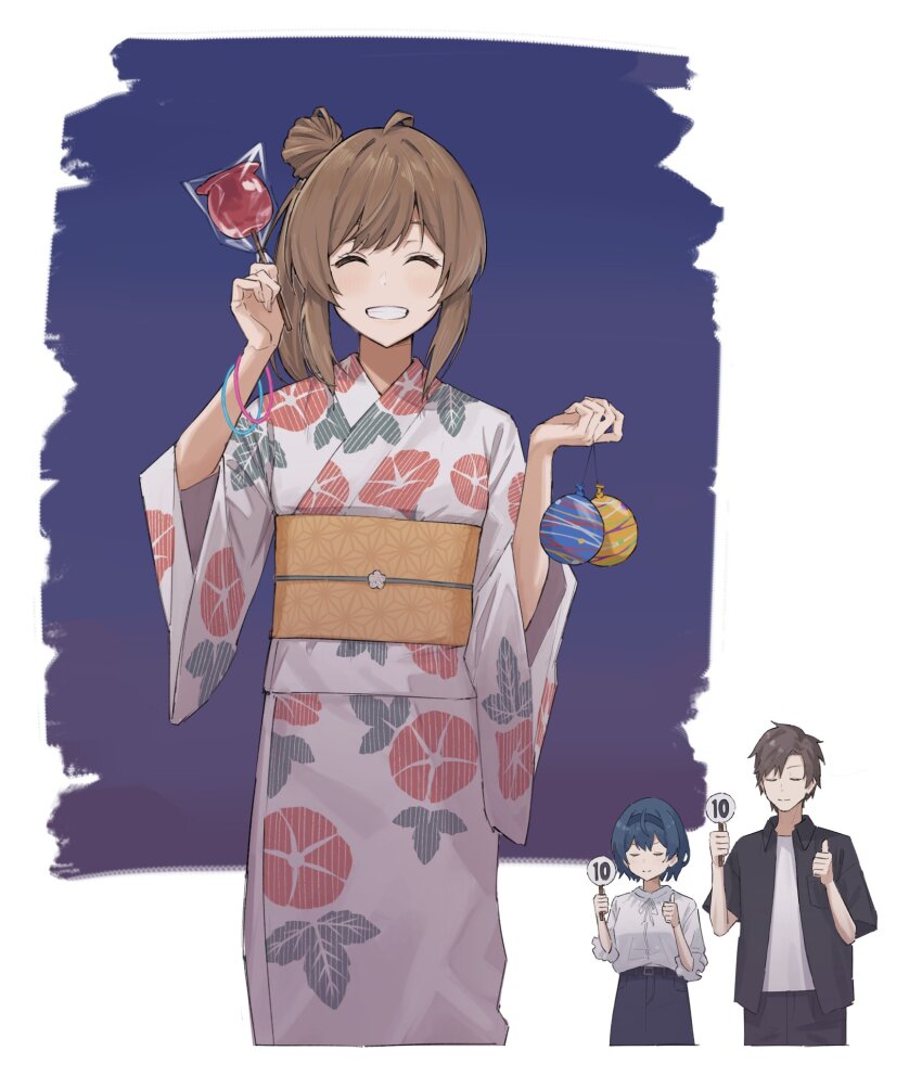 1boy 2girls ^_^ black_pants black_shirt blouse blue_hair blue_hairband bracelet brown_hair candy_apple cevio closed_eyes commentary_request cropped_legs facing_viewer floral_print food grin hair_bun hairband hands_up highres holding holding_food holding_sign japanese_clothes jewelry kimono layered_shirt light_blush medium_hair minatsuki_(m1natsuk1) multiple_girls obi obijime outside_border pants print_kimono sash satou_sasara scorecard shirt shirt_tucked_in short_hair short_sleeves side_ponytail sign single_hair_bun smile solo_focus suzuki_tsudumi takahashi_amato thumbs_up water_yoyo white_kimono white_shirt wide_sleeves yukata