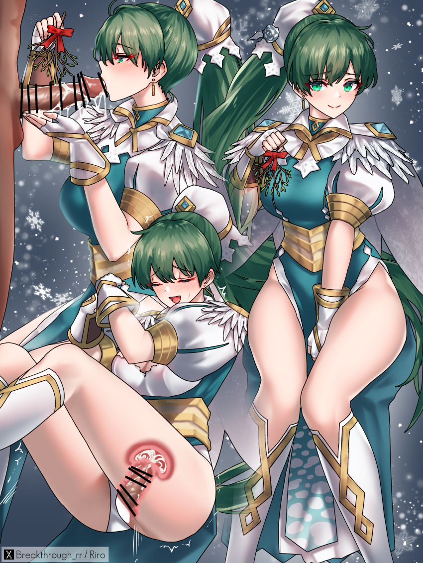 1boy 1girl absurdres artist_name bar_censor blue_dress boots breasts censored closed_eyes clothed_female_nude_male cross-section cum cum_in_pussy dress fellatio fingerless_gloves fire_emblem fire_emblem:_the_blazing_blade fire_emblem_heroes gloves green_eyes green_hair highres long_hair lyn_(fire_emblem) lyn_(resplendent)_(fire_emblem) nintendo nude open_mouth oral panties penis ponytail riro_(breakthrough_rr) sex smile snowing underwear vaginal white_boots white_gloves white_panties