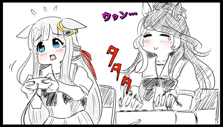 =_= animal_ears blue_eyes blush breasts chair chrono_genesis_(umamusume) commentary_request ginbis hair_between_eyes hair_ornament highres horse_ears horse_girl long_hair loves_only_you_(umamusume) medium_breasts open_mouth playing_games ribbon school_uniform smile tears tracen_school_uniform typing umamusume white_background