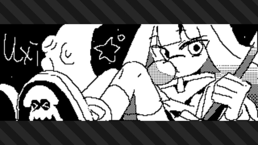 1girl asphyxia17 black_background character_request chewing_gum long_hair looking_at_viewer night nintendo pixel_art signature simple_background socks solo splatoon_(series) striped tentacles
