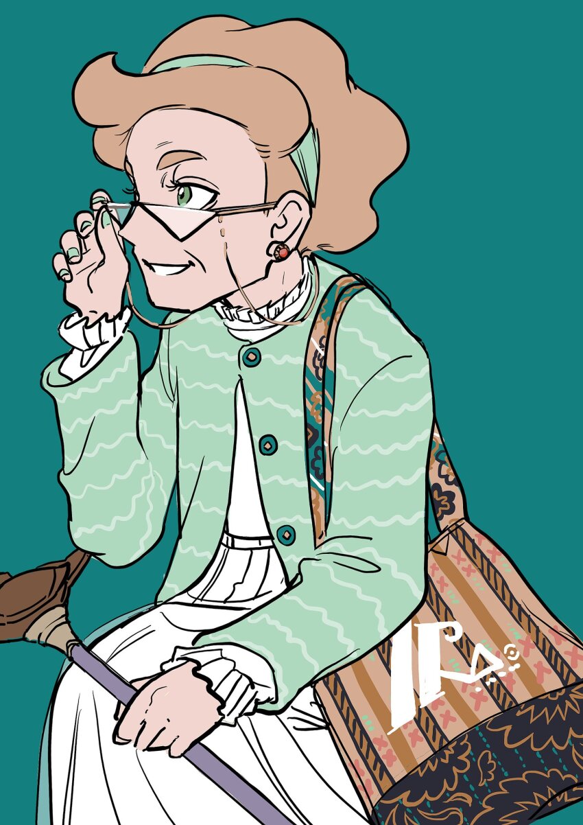 1girl adjusting_eyewear alternate_costume bag brown_bag brown_hair buttons cane cardigan commentary earrings elizabeth_(tomas21) eyewear_strap frills glasses green_background green_cardigan green_eyes green_hairband hairband hand_up highres holding holding_cane jewelry long_sleeves magnolia_(pokemon) nintendo pokemon pokemon_swsh shirt simple_background sitting skirt solo white_shirt white_skirt
