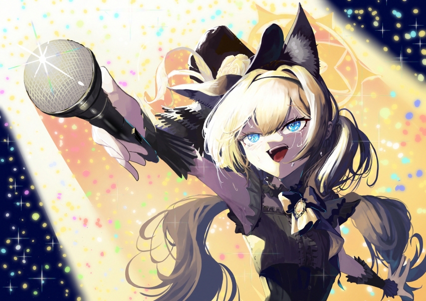 1girl absurdres animal_ear_fluff animal_ears armpits black_dress black_hat blue_archive blue_eyes cat_ears cat_girl commentary_request dress flower hair_between_eyes hat hat_flower hat_ribbon highres holding holding_microphone kongaru_123 long_hair looking_up mari_(blue_archive) mari_(idol)_(blue_archive) microphone open_mouth orange_hair ribbon sidelocks solo sweatdrop top_hat twintails white_ribbon wrist_cuffs yellow_flower yellow_ribbon