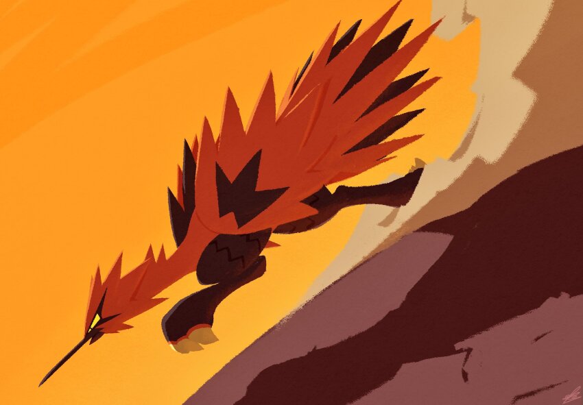 animal_focus beak bird bird_wings blue_sky claws dust_cloud ewokakukaede full_body galarian_form galarian_zapdos gen_8_pokemon highres legendary_pokemon nintendo no_humans orange_background outdoors pokemon pokemon_(creature) running serious sky solo talons wings yellow_eyes