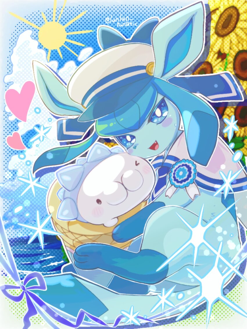 blue_hair blush bow fang flower gen_4_pokemon gen_8_pokemon glaceon glaceon_(summer_sailor) hat heart highres nintendo no_humans pokemon pokemon_(creature) pokemon_cafe_remix ribbon runachikku sidelocks smile snom snom_(ice_cream_cone) sun sunflower