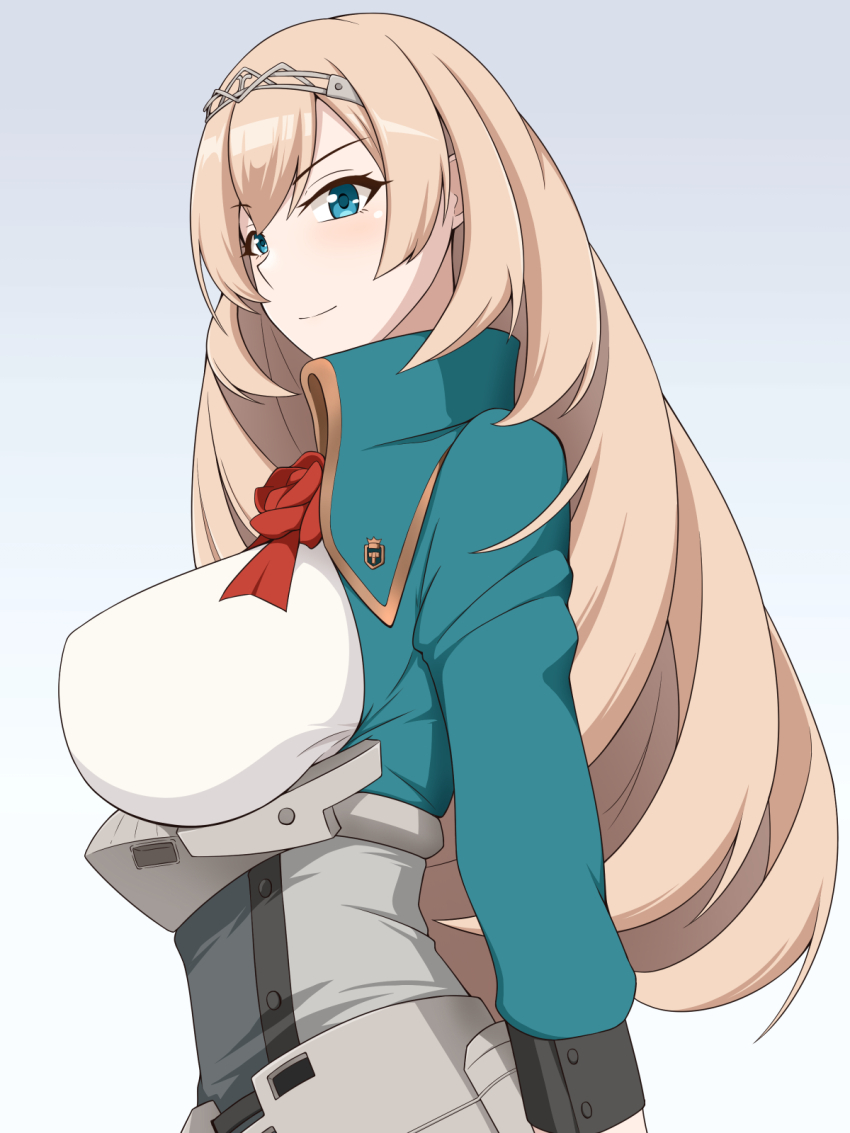 1girl alternate_breast_size blonde_hair blue_eyes breasts corset cropped_jacket dress_shirt flower grey_background hair_between_eyes highres kantai_collection lactone large_breasts long_hair long_sleeves military_uniform red_flower red_rose rose shirt simple_background smile solo tiara victorious_(kancolle) white_shirt