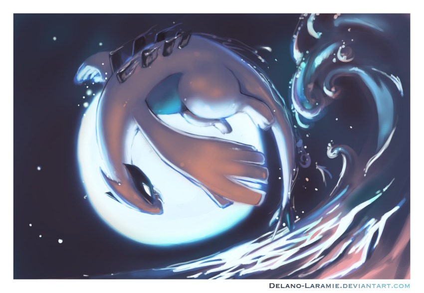 blank_eyes delano-laramie flying full_body gen_2_pokemon highres legendary_pokemon lugia nintendo ocean outdoors pokemon pokemon_(creature) solo water watermark web_address