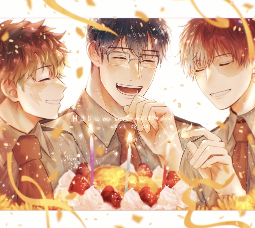 3boys absurdres black_hair boku_no_hero_academia cake candle character_name closed_eyes collared_shirt english_text food fruit glasses grin happy happy_birthday highres iida_tenya konsobastew letterboxed male_focus midoriya_izuku multicolored_hair multiple_boys necktie open_mouth rectangular_eyewear scar scar_on_face shirt short_hair smile split-color_hair strawberry teeth todoroki_shoto