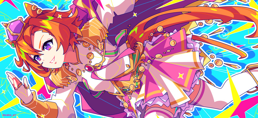 1girl absurdres animal_ears blue_background commentary crown drop_shadow fingerless_gloves gloves grin highres horse_ears horse_girl horse_tail long_sleeves orange_hair outline purple_eyes purple_skirt running scalizo shirt short_hair skirt smile solo t.m._opera_o_(umamusume) tail thighhighs twitter_username two-tone_skirt umamusume white_gloves white_outline white_shirt white_skirt white_thighhighs