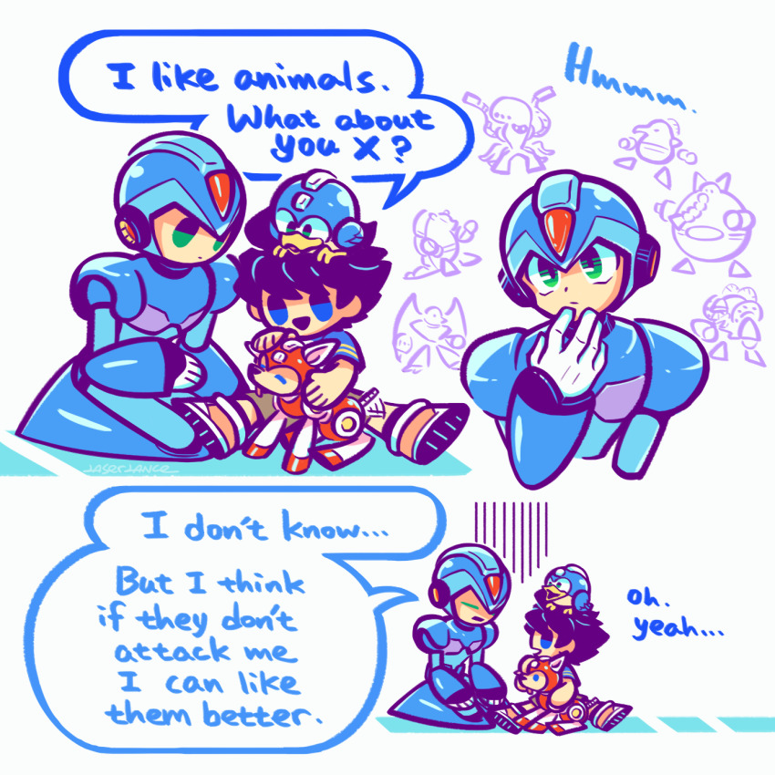2boys beat_(mega_man) blue_eyes closed_mouth eddie_(mega_man) english_text expressionless green_eyes highres laser-lance looking_at_another male_focus mega_man_(character) mega_man_(classic) mega_man_(series) mega_man_x_(series) multiple_boys open_mouth rush_(mega_man) simple_background speech_bubble tango_(mega_man) white_background x_(mega_man)