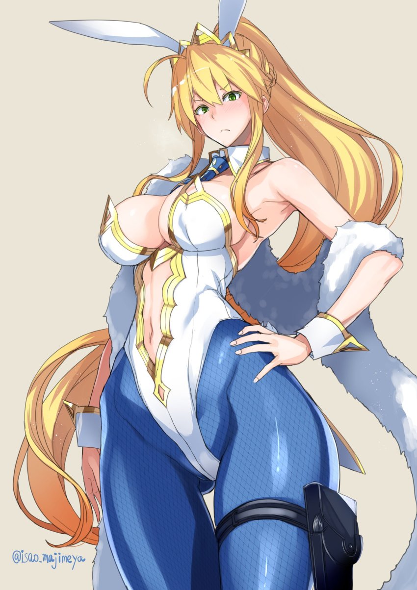 1girl absurdres ahoge animal_ears artoria_pendragon_(fate) artoria_pendragon_(swimsuit_ruler)_(fate) artoria_pendragon_(swimsuit_ruler)_(first_ascension)_(fate) bare_shoulders blue_necktie blue_pantyhose blush braid breasts cleavage closed_mouth clothing_cutout detached_collar fake_animal_ears fate/grand_order fate_(series) feather_boa female_focus fishnet_pantyhose fishnets french_braid hair_between_eyes hand_on_own_hip highleg highleg_leotard highres holster isao large_breasts leotard long_hair looking_at_viewer navel navel_cutout necktie pantyhose playboy_bunny ponytail rabbit_ears sidelocks simple_background solo thigh_strap thighs tiara white_leotard wrist_cuffs