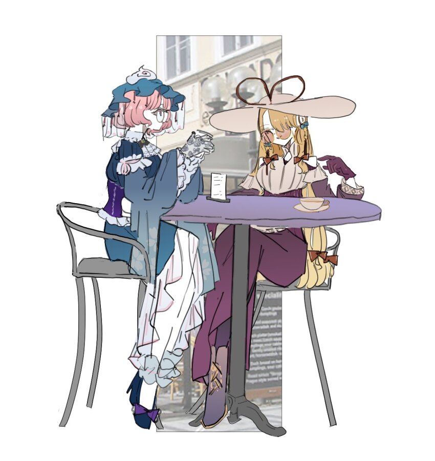 2girls alternate_costume blonde_hair blue_dress blue_shoes crossed_legs cup dress frills from_side full_body glasses gloves hair_ribbon hat highres long_hair long_sleeves looking_at_another medium_hair multiple_girls pink_eyes pink_hair purple_dress purple_gloves purple_shoes ribbon round_eyewear saigyouji_yuyuko shoes sitting table teacup touhou veil very_long_hair white_hat yakumo_yukari zenritsu