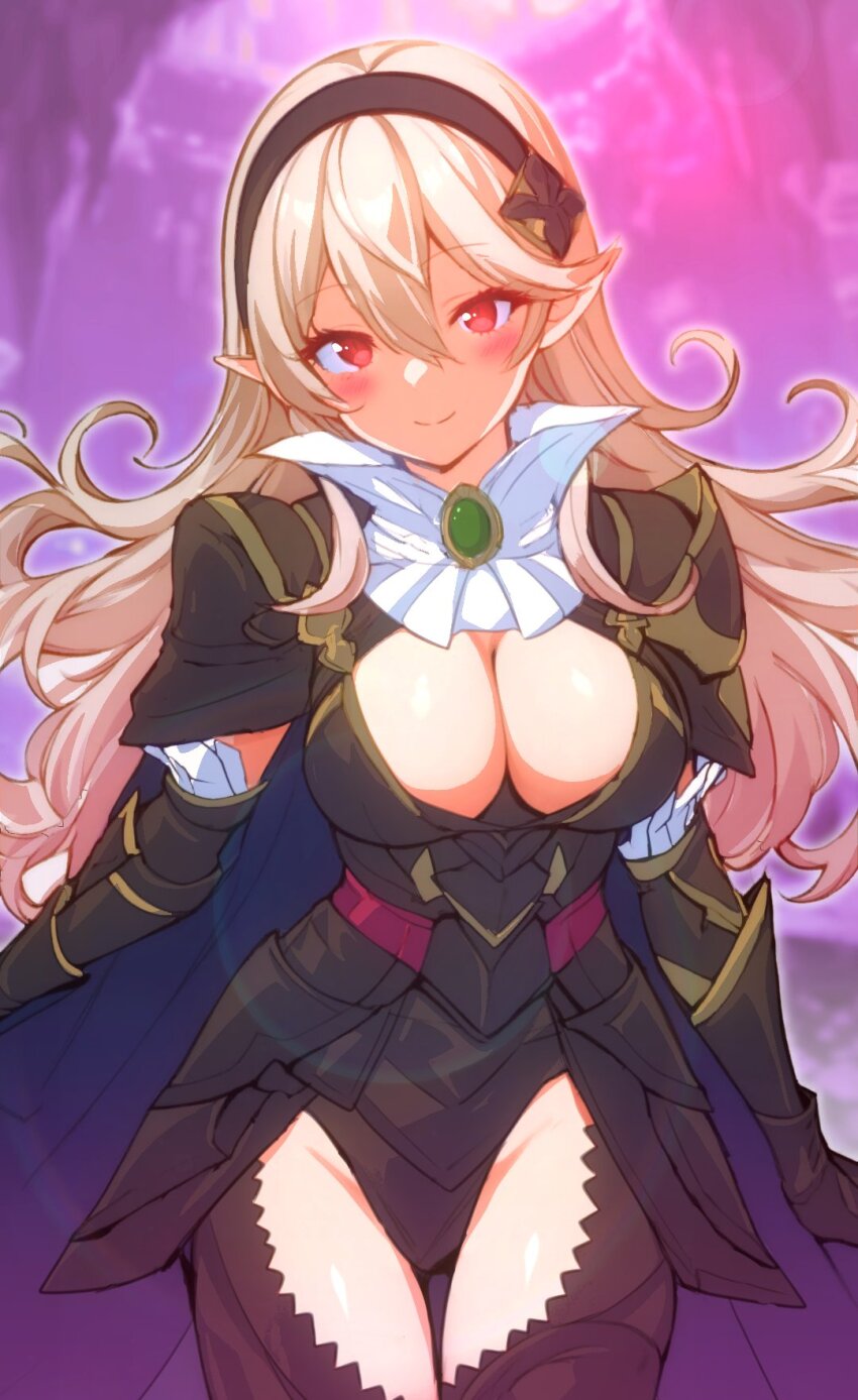 1girl armor armored_leotard black_armor black_cape black_hairband black_leotard breasts brooch cape cleavage closed_eyes commentary_request corrin_(female)_(fire_emblem) corrin_(female)_(nohr_noble)_(fire_emblem) corrin_(fire_emblem) fire_emblem fire_emblem_fates fire_emblem_heroes gauntlets grey_hair hair_between_eyes hairband highres jewelry kakk_e large_breasts leotard long_hair looking_at_viewer nintendo official_alternate_costume pointy_ears red_eyes smile solo