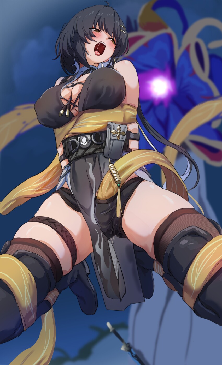 1girl absurdres arms_behind_back bare_shoulders black_dress black_footwear black_hair black_shorts boots breasts commentary_request dress female_rover_(wuthering_waves) grey_hair hair_ornament hairclip highres large_breasts long_hair low_ponytail monster multicolored_hair open_mouth pelvic_curtain ponytail rape restrained rover_(wuthering_waves) ry_(mmm_st_bbb2) short_shorts shorts sleeveless sleeveless_dress suspension tentacle_sex tentacles thigh_boots two-tone_hair wuthering_waves yellow_eyes