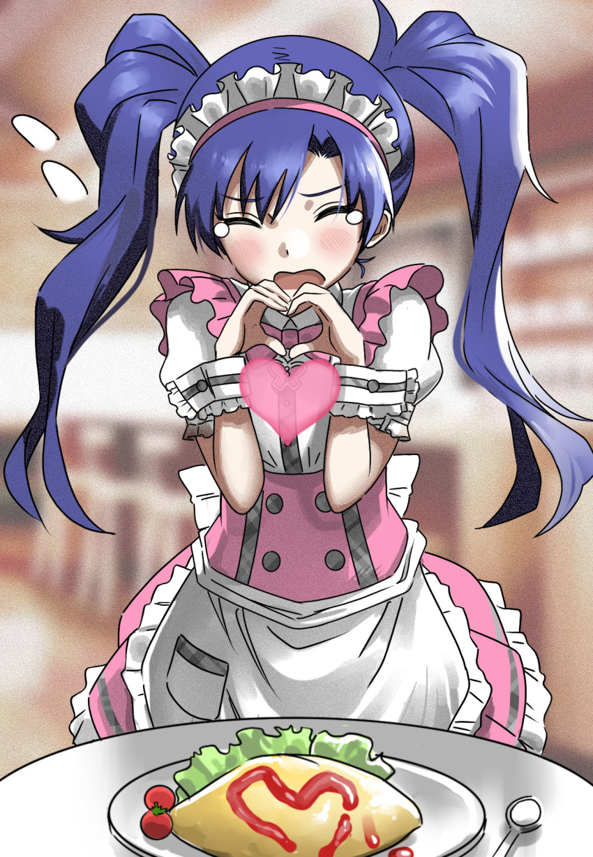 1girl alternate_costume anman_(yxwu7733) apron blue_hair blurry blurry_background blush bow bowtie butterfly_ornament cherry_tomato closed_eyes cowboy_shot dress enmaided flat_chest flying_sweatdrops food frilled_apron frills heart heart_hands highres idolmaster idolmaster_(classic) idolmaster_million_live! idolmaster_million_live!_theater_days kisaragi_chihaya maid maid_apron maid_headdress official_alternate_costume omelet omurice open_mouth pink_bow pink_bowtie pink_dress plate pretty_waitress_(idolmaster) puffy_short_sleeves puffy_sleeves serving short_sleeves solo spoon table tears tomato twintails waist_apron waitress white_apron white_headdress white_wrist_cuffs wrist_cuffs