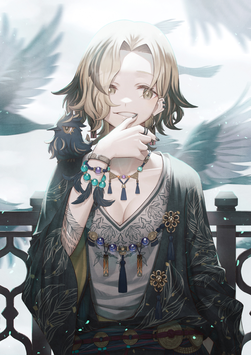 1girl absurdres animal animal_on_shoulder bird bird_on_shoulder black_nails blonde_hair bracelet breasts brown_hair cleavage commentary ear_piercing earrings gradient_hair hand_up highres jewelry jewelry_request looking_at_viewer multicolored_hair necklace original piercing railing ring sho_(sumika) small_breasts solo tassel wristband