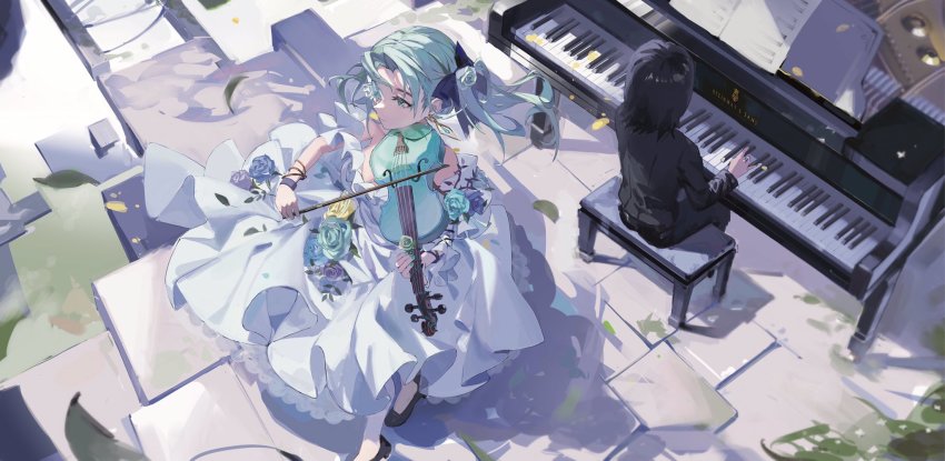 1girl 1other ambiguous_gender aqua_eyes aqua_flower aqua_hair arcaea arm_up bare_shoulders black_bow black_footwear black_hair black_jacket black_pants blue_flower bow bow_(music) bracelet breasts closed_mouth commentary dress dress_flower earrings english_commentary facing_away falling_leaves flower flower_over_eye from_above full_body hair_bow hair_flower hair_ornament hand_up highres holding holding_instrument holding_violin instrument jacket jewelry leaf long_hair long_sleeves looking_away medium_breasts medium_hair music off-shoulder_dress off_shoulder outdoors pants parted_bangs piano piano_bench playing_instrument purple_flower reset saya_(arcaea) shoes sitting standing violin white_flower wristband yellow_flower