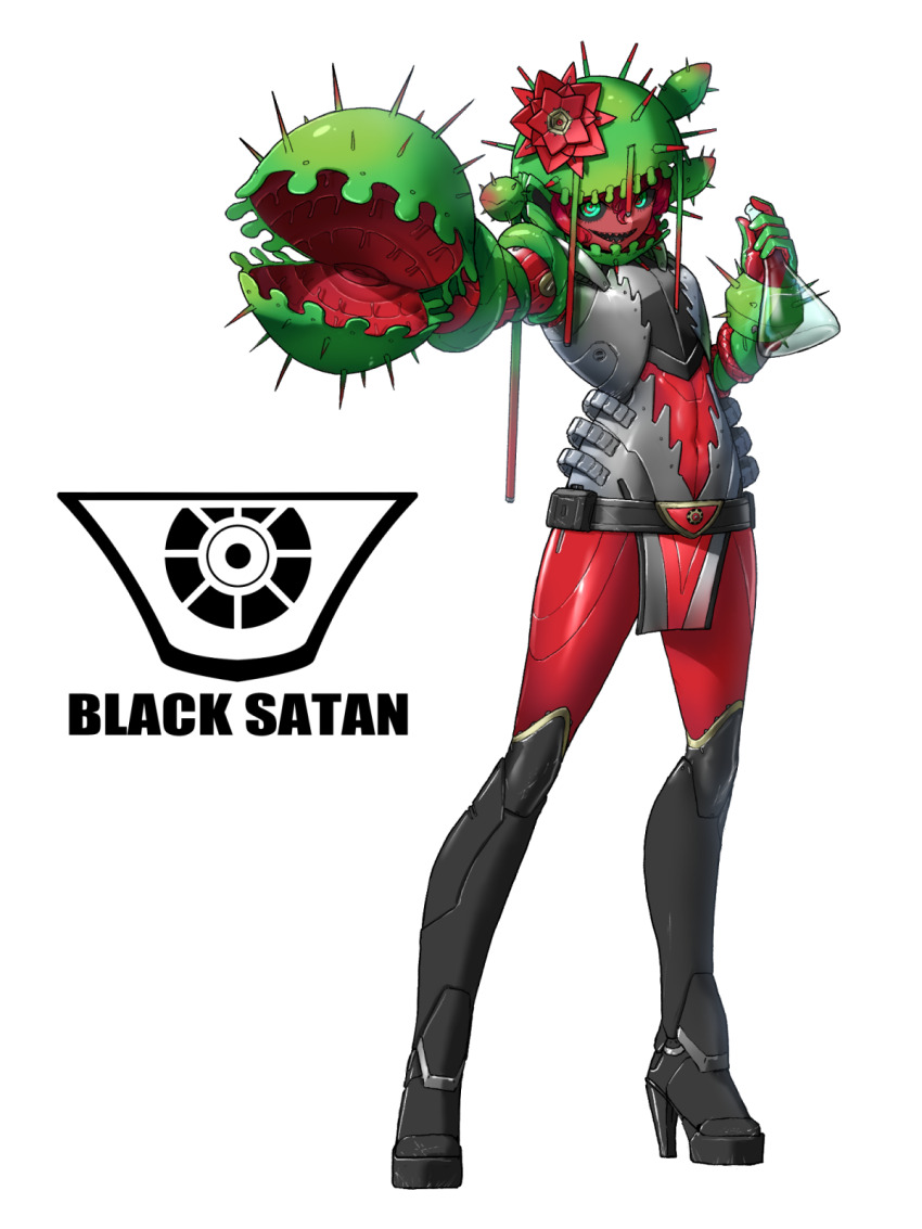 1girl belt belt_buckle black_belt black_boots black_sclera bodysuit boots buckle carnivorous_plant colored_sclera colored_skin colored_teeth commentary covered_navel crazy_eyes cyborg eidenjyou1997 emblem english_commentary erlenmeyer_flask flask full_body genderswap genderswap_(mtf) green_eyes high_heel_boots high_heels highres holding holding_flask kamen_rider kamen_rider_stronger_(series) kikkaijin_mousengoke knee_boots looking_at_viewer monster_girl open_mouth pelvic_curtain plant plant_girl reaching reaching_towards_viewer red_bodysuit red_skin red_teeth sharp_teeth simple_background solo spikes standing teeth white_background