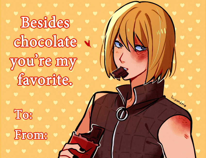 1boy blush bob_cut death_note heart heart-shaped_pupils heart_background highres huyandere male_focus mello_(death_note) scar scar_on_face solo symbol-shaped_pupils valentine_card vest