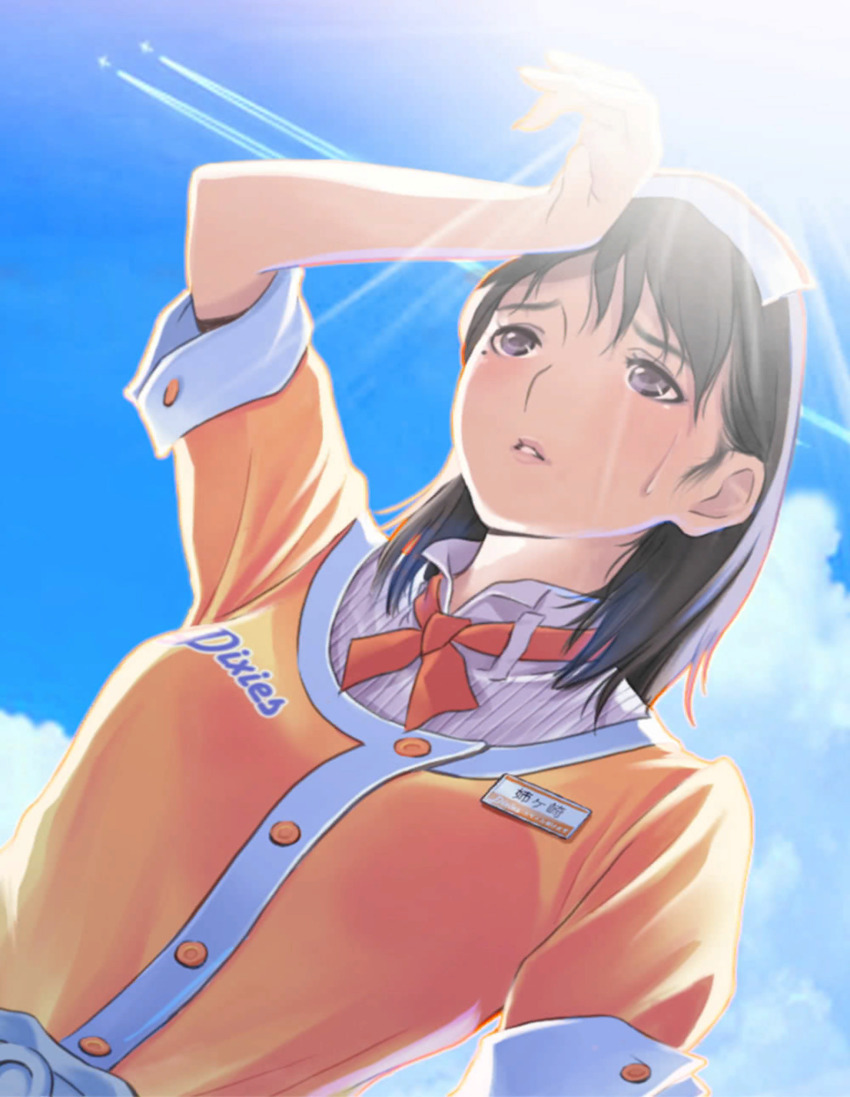 1girl aircraft airplane anegasaki_nene blue_sky blush breasts brown_hair cloud contrail cumulonimbus_cloud day dutch_angle employee_uniform from_below furrowed_brow hand_on_own_head hand_up headdress highres light_rays looking_afar love_plus medium_breasts medium_hair mole mole_under_eye name_tag neck_ribbon official_art orange_shirt outdoors parted_lips purple_eyes raised_inner_eyebrows ribbon shirt short_sleeves sky solo sunbeam sunlight sweat turtleneck upper_body waitress