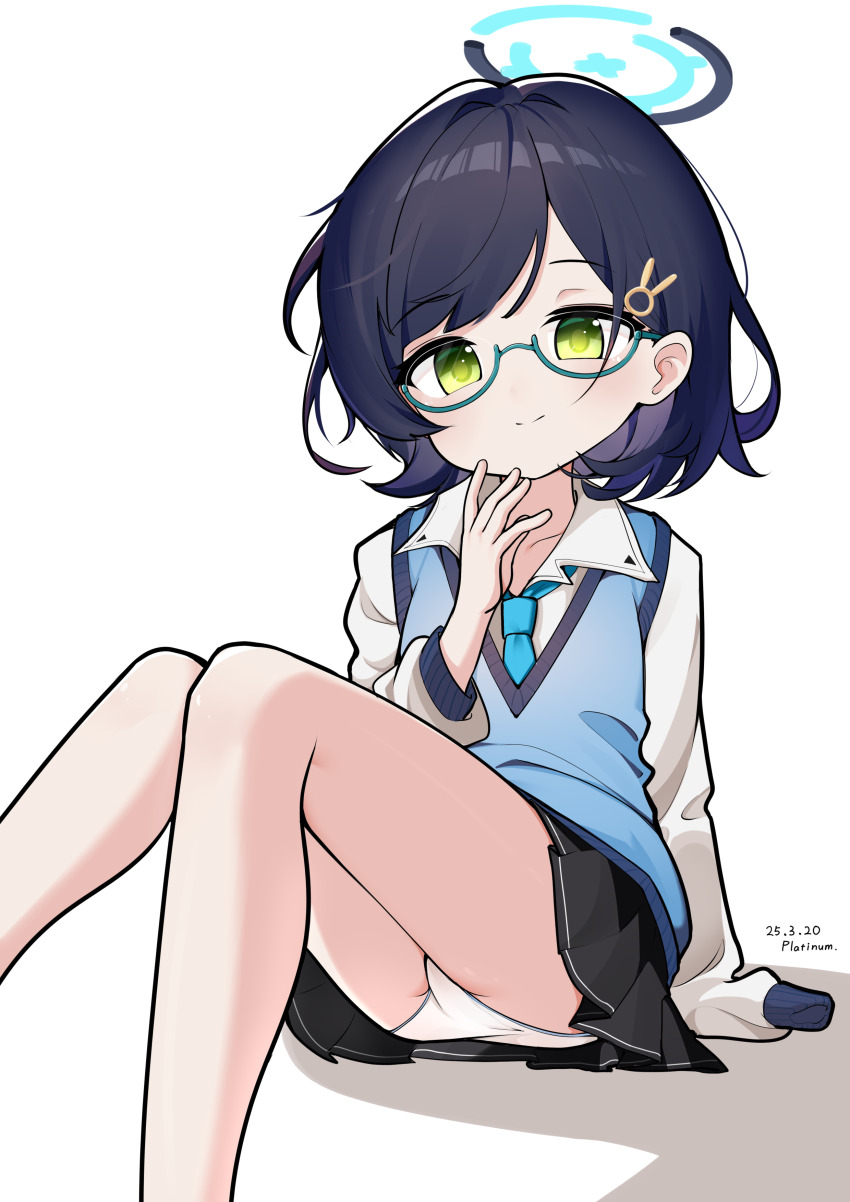 absurdres aged_down black_hair black_skirt blue-framed_eyewear blue_archive blue_halo blue_necktie blue_sweater_vest chihiro_(blue_archive) closed_mouth collared_shirt commentary_request freediving glasses halo highres loli long_sleeves looking_at_viewer necktie on_ground panties pantyshot platinum-mix pleated_skirt shirt simple_background sitting skirt sweater_vest underwear white_background white_panties white_shirt