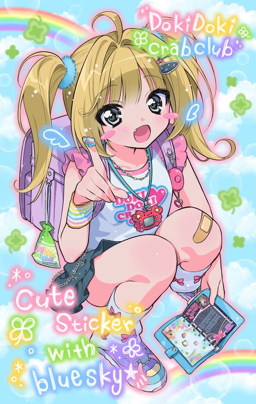 1girl 2000s_(style) :d ahoge backpack bag bandaid blonde_hair blush_stickers cherry_hair_ornament clothes_writing colorful commentary_request crime_prevention_buzzer english_text food-themed_hair_ornament full_body hair_ornament happy heisei_retro highres holding jewelry jojifuku long_hair looking_at_viewer necklace open_mouth original randoseru sasamigumi shirt shoes skirt smile sneakers solo twintails
