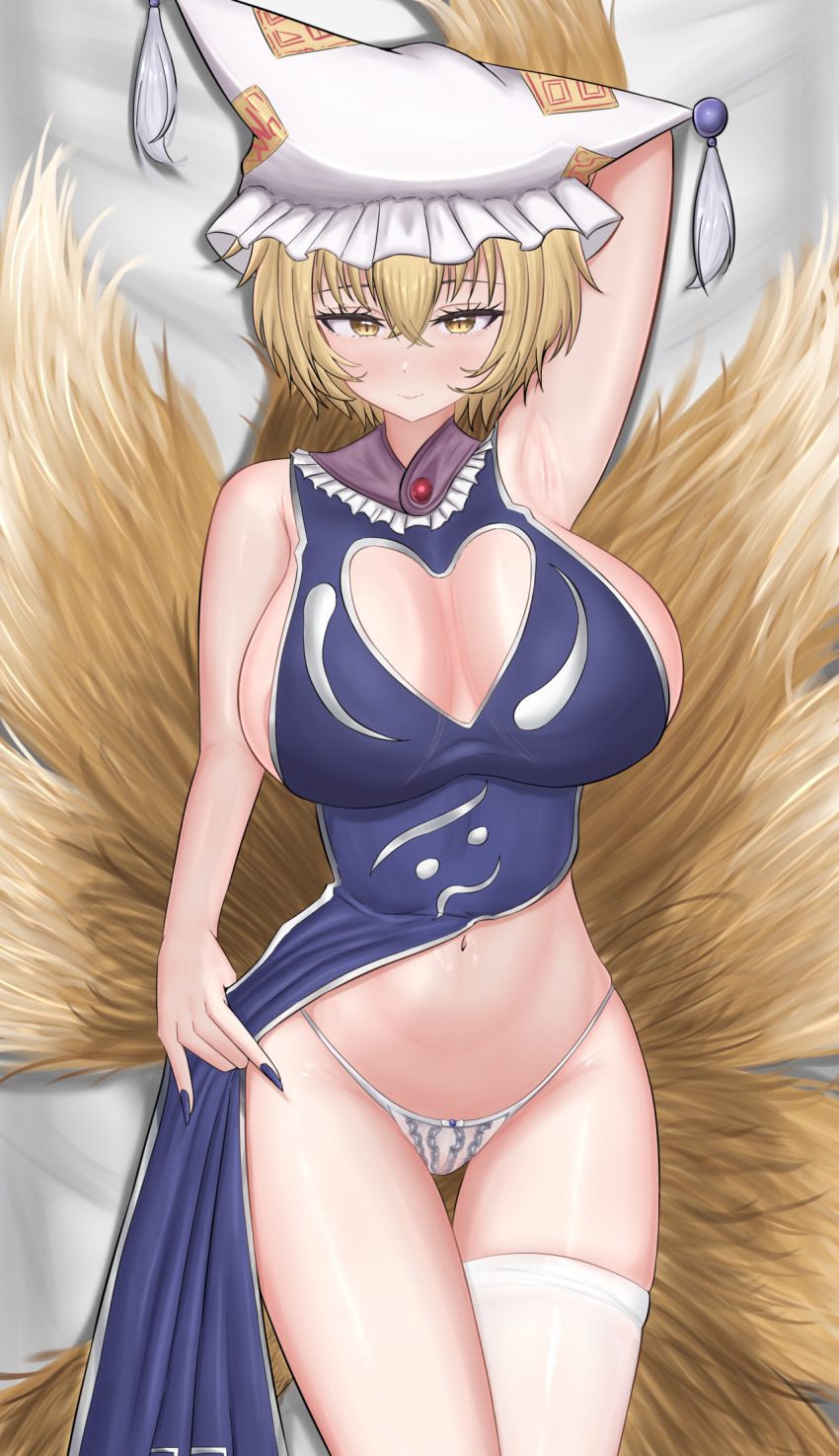 1girl areola_slip arm_up armpit_crease bed blonde_hair blue_nails breasts cleavage_cutout clothes_lift clothing_cutout dress dress_lift facing_viewer fox_girl fox_tail g-string hat highres large_breasts looking_at_viewer lying mob_cap nail_polish navel on_back panties single_thighhigh smile solo tail thigh_gap thighhighs thong touhou underwear yakumo_ran yellow_eyes