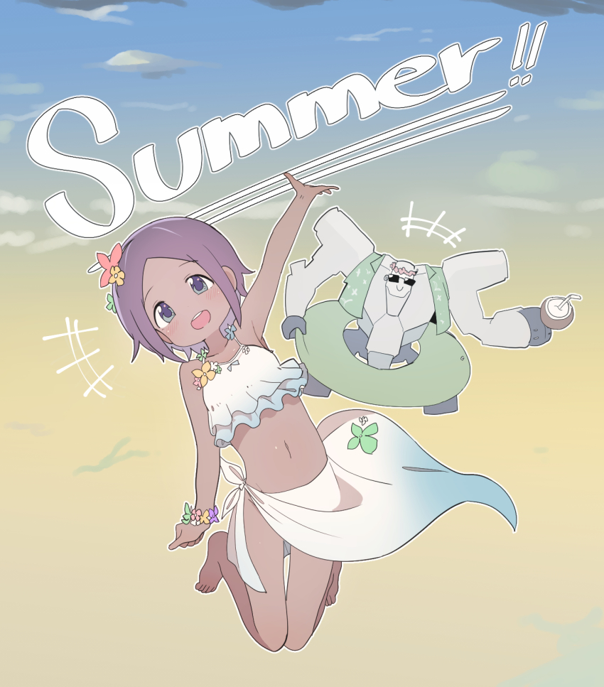 1girl auto_guard_system blush coco_mercury coconut dark_skin english_text feet flower full_body green_eyes hair_flower hair_ornament highres last_origin luke_(dydansgur) mecha midriff navel purple_hair robot sarong short_hair sunglasses whiteshell