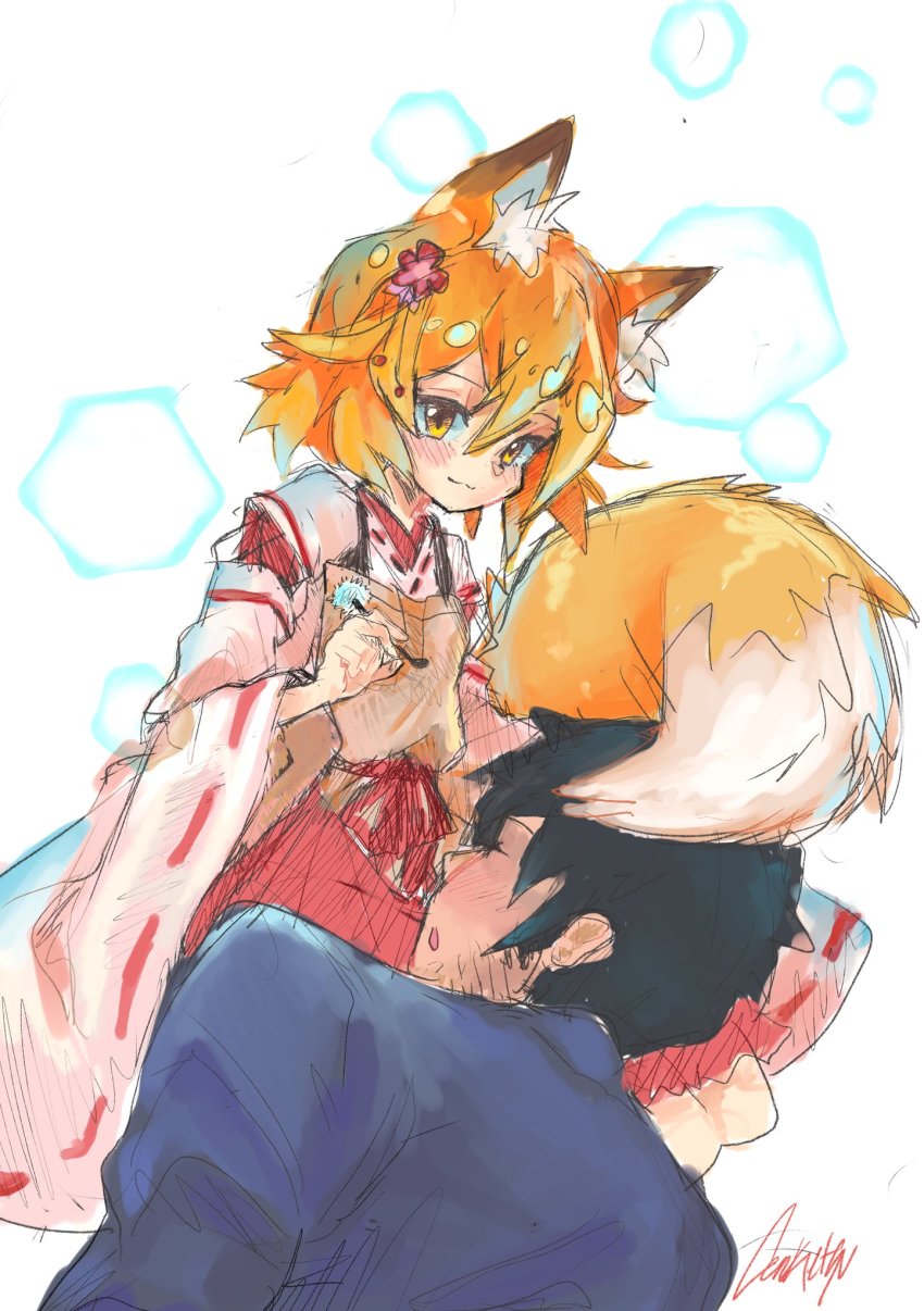 1boy 1girl :3 :o animal_ear_fluff animal_ears apron black_hair blonde_hair blue_shirt blush brown_apron cenketsu ear_cleaning flower fox_ears fox_girl fox_tail hair_flower hair_ornament highres japanese_clothes lap_pillow miko mimikaki nakano_(sewayaki_kitsune_no_senko-san) pink_flower senko_(sewayaki_kitsune_no_senko-san) sewayaki_kitsune_no_senko-san shirt short_hair signature simple_background sitting sketch tail yellow_eyes
