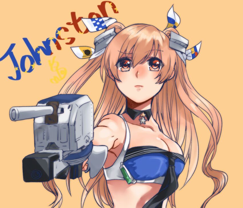 1girl 2024_summer_olympics adapted_turret aiming bikini black_neckerchief blue_bikini breasts brown_eyes cannon character_doll cleavage detached_collar headgear highres johnston_(kancolle) johnston_kai_(swimsuit)_(kancolle) kantai_collection light_brown_hair medium_breasts neckerchief oeoeuhoho olympics orange_background parody ship_turret solo swimsuit two_side_up upper_body yusuf_dikec yusuf_dikec_(meme)