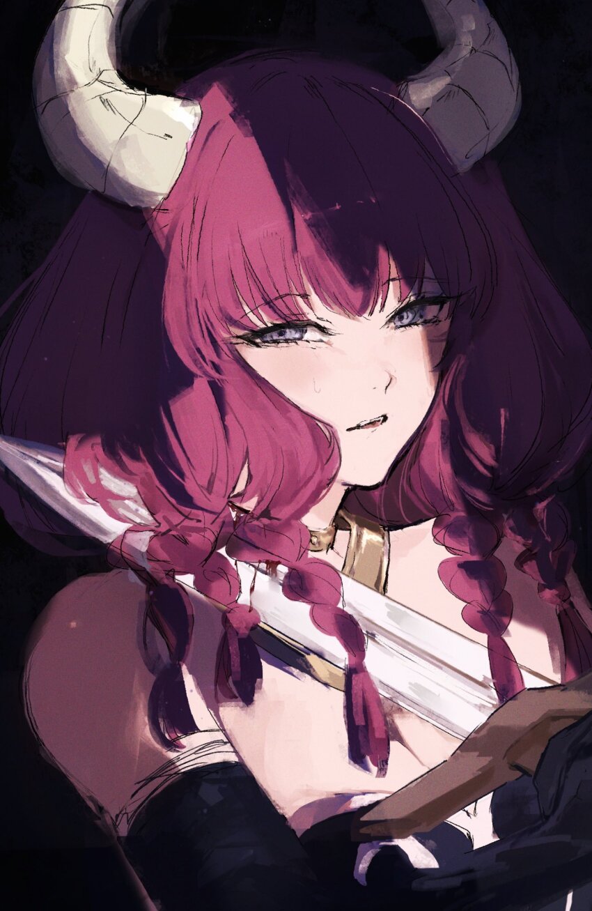 1girl aura_(sousou_no_frieren) black_background black_dress black_gloves breasts commentary crying crying_with_eyes_open demon_girl demon_horns dress elbow_gloves eyelashes gloves gold_necklace hair_over_shoulder half-closed_eyes highres holding holding_sword holding_weapon horns imminent_death imminent_suicide jewelry linie_(sousou_no_frieren) long_hair looking_at_viewer looking_to_the_side low-braided_long_hair low-tied_long_hair medium_breasts moku_(muooku) necklace parted_lips pink_hair purple_eyes quad_braids sad scene_reference shadow sketch solo sousou_no_frieren strapless strapless_dress sword sword_to_throat tears teeth upper_teeth_only weapon white_trim