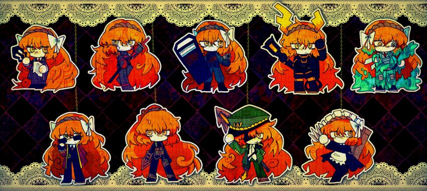 6+girls apron aqua_hair armor black_armor black_gloves black_jacket black_pants black_shirt bow brown_hairband chocolateplushy e.g.o_(project_moon) gloves hair_bow hairband harpoon highres horns ishmael_(project_moon) jacket lccb_(identity)_(project_moon) limbus_company liquid_clothes liquid_hair liu_association_south_uniform long_hair looking_at_viewer maid maid_apron maid_headdress molar_boatworks_(identity)_(project_moon) multiple_girls multiple_persona orange_hair pants pequod_(identity)_(project_moon) project_moon r_corp._(identity)_(project_moon) red_jacket rope shi_association_south_uniform shirt sidelocks sloshing_(e.g.o) very_long_hair white_bow wuthering_heights_(identity)_(project_moon) yellow_eyes