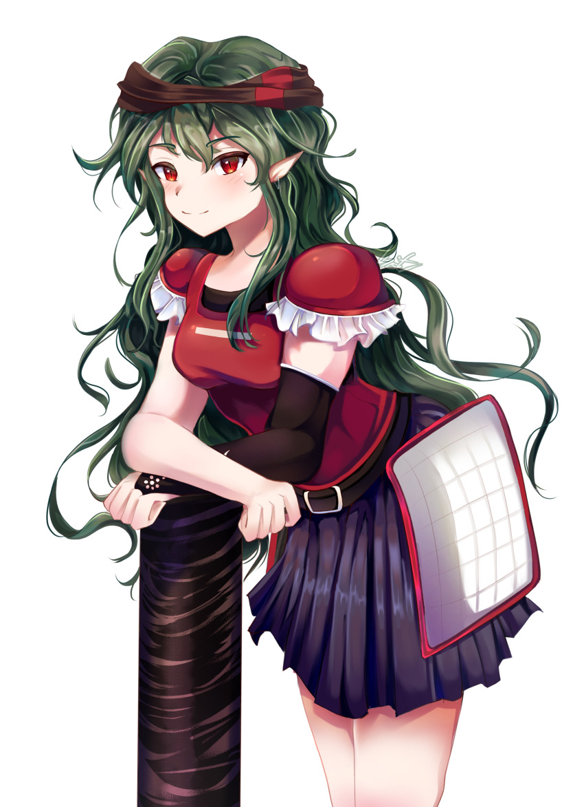 1girl absurdres armor belt belt_buckle black_belt black_bridal_gauntlets black_shirt blue_hakama breastplate breasts bridal_gauntlets brown_headband buckle closed_mouth club_(weapon) commentary cowboy_shot crossed_arms english_commentary epaulettes genderswap genderswap_(otf) green_hair hair_between_eyes hakama hakama_short_skirt hakama_skirt happy headband highres holding holding_club holding_weapon inister japanese_armor japanese_clothes kusazuri leaning_forward len&#039;en light_blush long_hair looking_at_viewer medium_breasts mesh pointy_ears red_eyes shirt sidelocks signature simple_background single_bare_arm single_bridal_gauntlet skirt smile solo taira_no_fumikado thighs tsurime very_long_hair wavy_hair weapon white_background