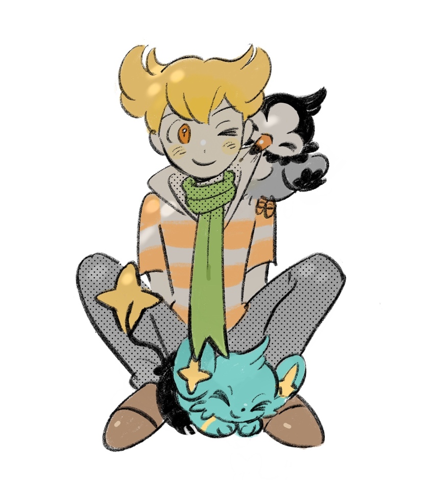 &gt;_o 1boy barry_(pokemon) blonde_hair blush closed_eyes closed_mouth collared_shirt dot_nose double-parted_bangs gen_4_pokemon green_scarf grey_pants halftone highres male_focus nata_(mmgt_nn) nintendo on_lap on_shoulder one_eye_closed orange_eyes pants pokemon pokemon_(creature) pokemon_dppt pokemon_on_lap pokemon_on_shoulder popped_collar scarf shinx shirt shoes short_sleeves simple_background sitting smile starly striped_clothes striped_shirt white_background