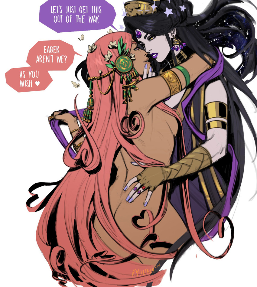 2girls ancient_greek_clothes aphrodite_(hades) arm_around_neck armlet artist_name black_hair colored_skin commentary completely_nude dark-skinned_female dark_skin earrings english_commentary english_text flower forehead_jewel gold_armlet grace_kim_(ryuuna) greco-roman_clothes hades_(series) hair_flower hair_ornament hand_on_another&#039;s_chin highres jewelry long_hair mature_female multiple_girls nude nyx_(hades) pink_eyes pink_hair purple_lips purple_skin simple_background very_long_hair white_background yellow_eyes yuri
