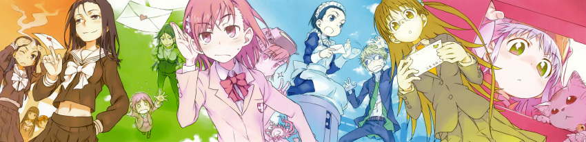 1boy 6+girls absurdres alternate_breast_size animal black_hair black_serafuku blazer blue_hair blush bow bowtie brown_eyes brown_hair cat fukiyose_seiri glasses green_eyes haimura_kiyotaka hair_ornament head-mounted_display highres himegami_aisa index_(toaru_majutsu_no_index) jacket kazakiri_hyouka kumokawa_seria letter long_hair long_image long_skirt love_letter maid maid_headdress misaka_imouto misaka_mikoto mob_(toaru_majutsu_no_index) multiple_girls navel necktie nun official_art open_mouth peace_symbol pink_hair pleated_skirt red_bow ribbon school_uniform seiza serafuku shirai_kuroko short_hair siblings side_ponytail sisters sitting skirt smile sphinx_(toaru_majutsu_no_index) sunglasses toaru_majutsu_no_index track_suit tsuchimikado_maika tsuchimikado_motoharu tsukuyomi_komoe v wide_image yoshikawa_kikyou
