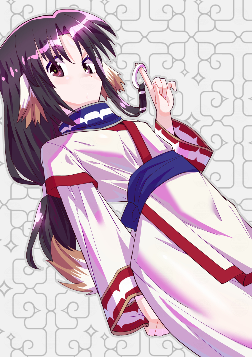 1girl absurdres ainu_clothes animal_ears black_hair closed_mouth dog_ears eruruu highres long_hair long_sleeves looking_at_viewer solo tail toku_sonchou utawarerumono white_background