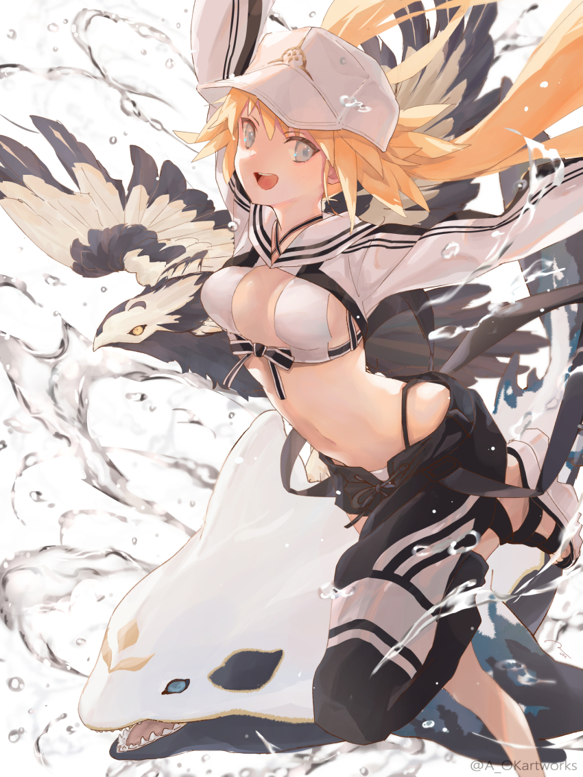 1girl aopix_001 artoria_caster_(fate) artoria_caster_(swimsuit_berserker)_(fate) artoria_caster_(swimsuit_berserker)_(first_ascension)_(fate) artoria_pendragon_(fate) asymmetrical_clothes baseball_cap bikini bird black_pants blonde_hair blush breasts cleavage cropped_jacket fate/grand_order fate_(series) green_eyes hat highres jacket long_hair long_sleeves looking_at_viewer medium_breasts navel open_mouth pants sandals shrug_(clothing) single_pantsleg smile swimsuit thighs twintails water whale white_bikini white_hat white_jacket