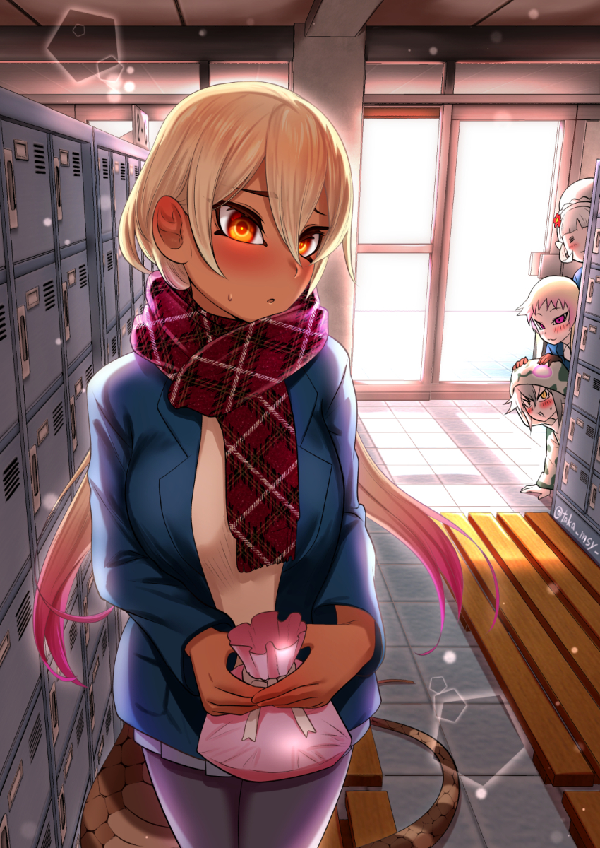 4girls =_= african_rock_python_(kemono_friends) blazer blonde_hair blunt_bangs blush breasts byakuda_(kemono_friends) dark-skinned_female dark_skin flower gloves hair_between_eyes highres jacket kashisu_mint kemono_friends kemono_friends_3 king_cobra_(kemono_friends) large_breasts long_hair long_sleeves looking_at_viewer multicolored_hair multiple_girls okinawa_habu_(kemono_friends) peeking pov scarf school_uniform sidelocks snake_girl tan valentine white_hair