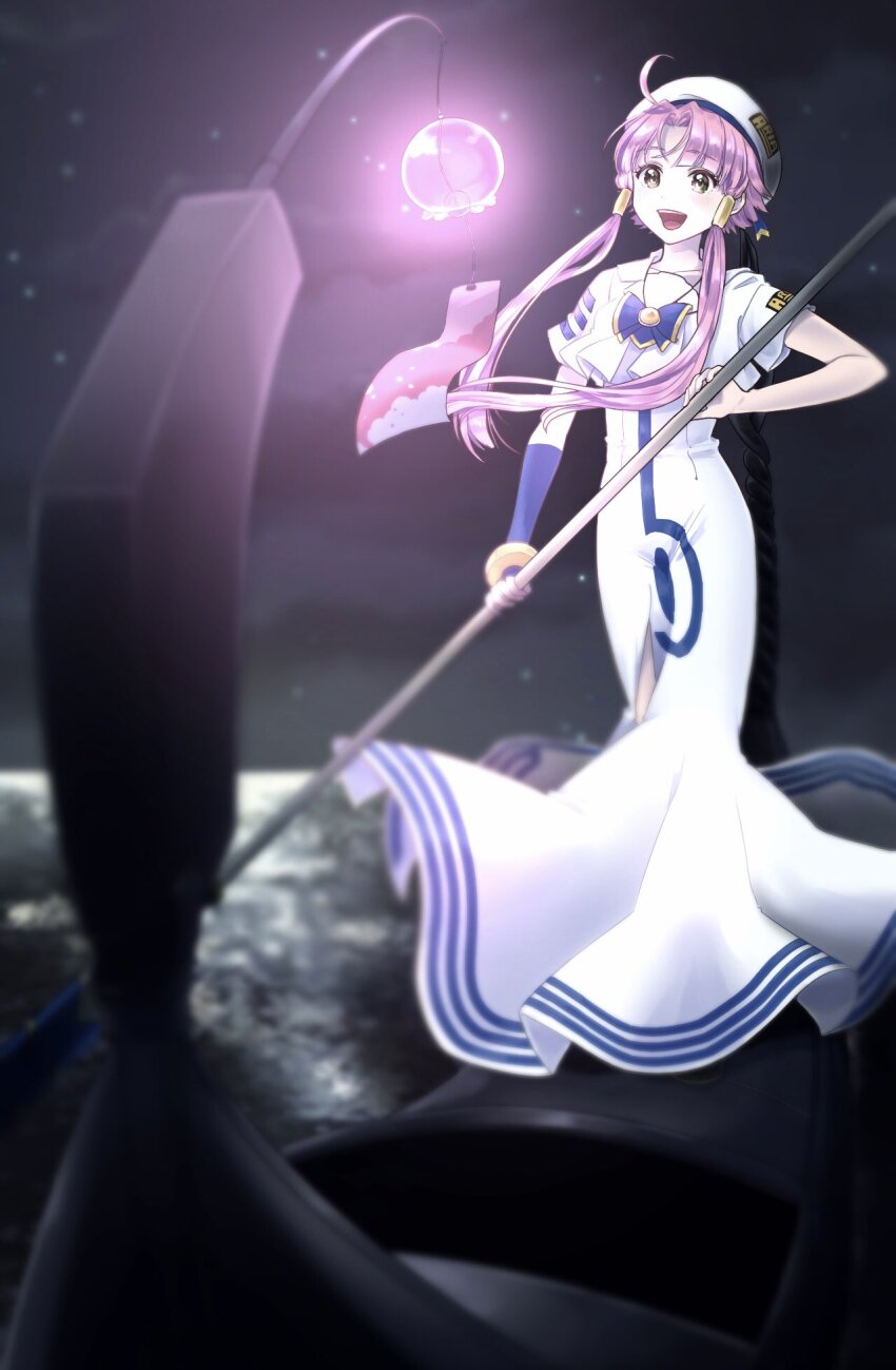 1girl ahoge aogirism aria_(manga) aria_company_uniform beret blue_bow blue_bowtie blue_ribbon blurry blurry_foreground blush bow bowtie bracelet cloud cloudy_sky depth_of_field dress eyelashes full_body gloves glowing gold_trim gondola green_eyes hair_tubes hat hat_ribbon highres holding holding_oar impossible_clothes impossible_dress jewelry long_dress mizunashi_akari night night_sky oar ocean open_mouth outdoors parted_bangs pink_hair print_dress ribbon short_hair short_hair_with_long_locks short_sleeves side_slit single_glove sky solo standing star_(sky) starry_sky water white_dress white_hat