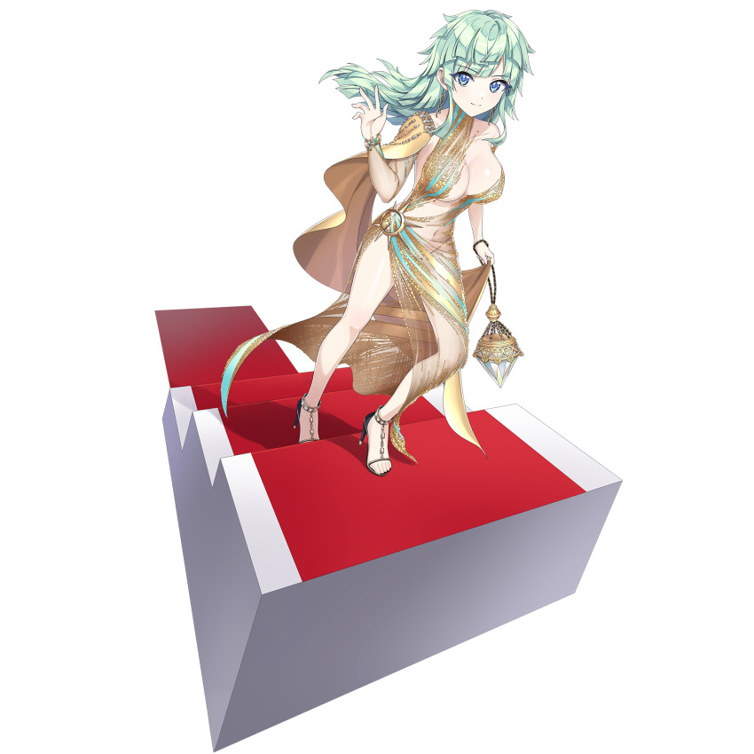 1girl blue_eyes breasts cleavage closed_mouth covered_navel crystal detached_sleeves diagonal_bangs dolphin_wave dress earrings game_cg gold_cape gold_dress green_hair high_heel_sandals high_heels highres holding holding_crystal jewelry kishimen_hair long_hair looking_at_viewer medium_breasts navel non-web_source official_art ootomo_takuji open-toe_shoes red_carpet sandals see-through_clothes see-through_dress selena_lewis shirt smile solo sprite stairs transparent_background waving white_shirt