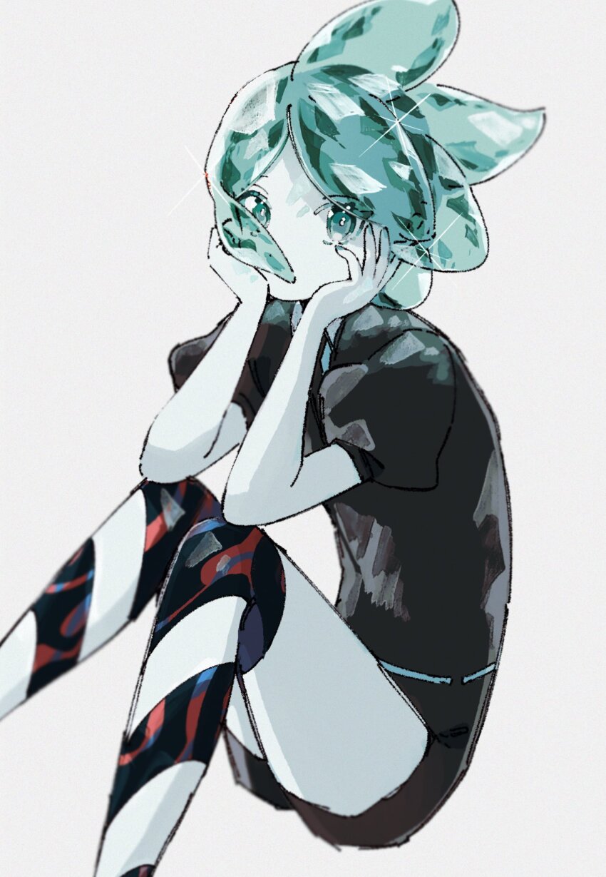 1other black_romper blue_eyes blue_hair colored_skin commentary_request covered_mouth crystal_hair elbows_on_knees expressionless floating_hair gem_uniform_(houseki_no_kuni) glint hair_over_mouth hands_on_own_cheeks hands_on_own_face highres houseki_no_kuni knees_together_feet_apart looking_at_viewer phosphophyllite puffy_short_sleeves puffy_sleeves romper shiro_(kuro_guu) short_hair short_sleeves simple_background solo striped_skin translucent_hair white_background