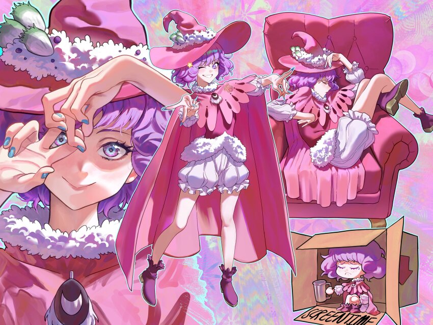 1girl absurdres black_clover box cape cardboard_box commentary couch curly_hair dorothy_unsworth flower fur_trim hat hat_flower highres kisany multicolored_eyes multiple_views on_couch one_eye_closed open_mouth pink_cape puffy_shorts purple_hair short_hair shorts smile witch_hat