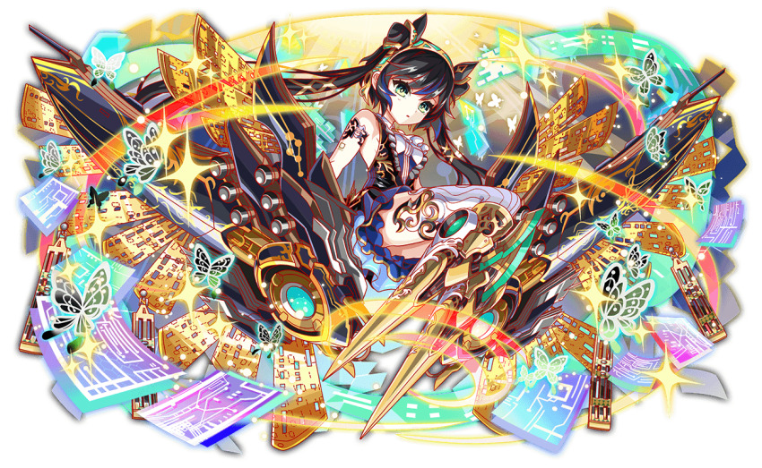 anime_coloring armband artist_request ascot bare_shoulders black_vest blue_hair blue_shirt blue_skirt bug butterfly collar collared_shirt cone_hair_bun crash_fever dot_nose eyelashes from_behind full_body game_cg green_eyes hair_bun hair_ornament hairband herman_hollerith hollerith_(crash_fever) insect light_particles long_hair looking_at_viewer mechanical_legs multicolored_hair narrow_waist number_tattoo numbered official_art open_mouth outline punch_card red_outline shirt sitting skinny skirt sleeveless sleeveless_shirt solo sparkle square square_tattoo streaked_hair tachi-e tattoo thighhighs third-party_source transparent_background twintails two-tone_hair underbust very_long_hair vest white_ascot white_collar white_thighhighs wing_collar x_hair_ornament yellow_hairband
