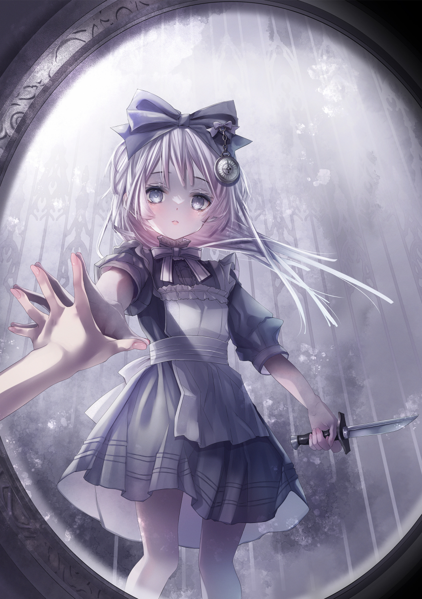 1girl absurdres apron black_bow bow bowtie cage commentary_request dress feet_out_of_frame grey_bow grey_bowtie grey_dress grey_eyes grey_hair hair_bow hand_on_mirror hane_segawa highres holding holding_knife knife long_hair looking_at_mirror mirror original parted_lips pocket_watch reflection reflection_focus short_sleeves solo standing watch white_apron