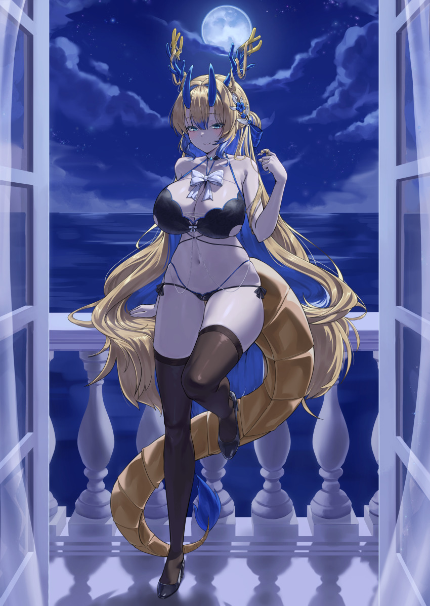1girl absurdres bare_shoulders black_bra black_choker black_panties black_shoes blonde_hair blue_eyes blue_hair bra breasts brown_thighhighs choker cleavage closed_mouth colored_inner_hair commentary_request commission dragon_horns dragon_tail full_moon hair_branch hand_up high_heels highres horns kim_boki korean_commentary large_breasts leg_up long_hair looking_at_viewer moon multi-strapped_panties multicolored_hair navel night original panties shoes smile solo standing standing_on_one_leg stomach string_bra string_panties tail thighhighs thighs two-tone_hair underwear very_long_hair