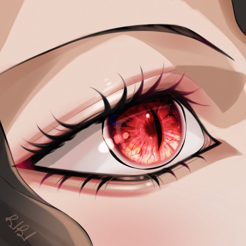 1girl brown_hair commentary english_commentary eye_focus eyeshadow highres kibutsuji_muzan kibutsuji_muzan_(female) kimetsu_no_yaiba long_eyelashes looking_ahead looking_up makeup mallowjpeg red_eyes red_eyeshadow signature slit_pupils solo veins