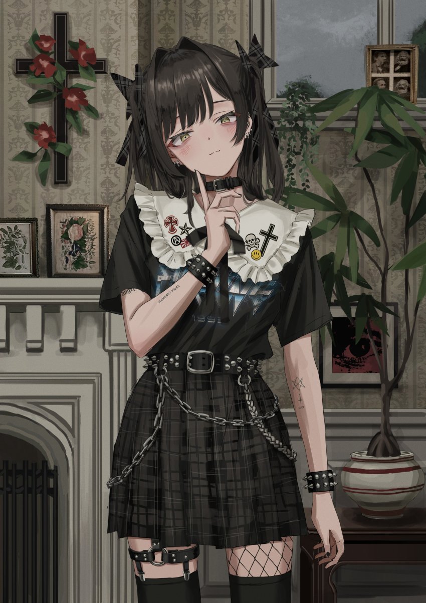1girl absurdres belt belt_collar black_belt black_bow black_ribbon black_shirt black_skirt black_thighhighs body_writing bow bracelet brown_hair closed_mouth collar cowboy_shot cross finger_to_own_chin flower friedrich_engels gishiki_(gshk) hair_bow hand_up head_tilt highres index_finger_raised indoors inverted_cross jewelry jolly_roger karl_marx latin_cross light_smile looking_at_viewer miniskirt neck_ribbon o-ring original pin plant pleated_skirt potted_plant red_flower ribbon shirt short_sleeves skirt solo spiked_belt spiked_bracelet spikes standing thigh_strap thighhighs twintails yellow_eyes