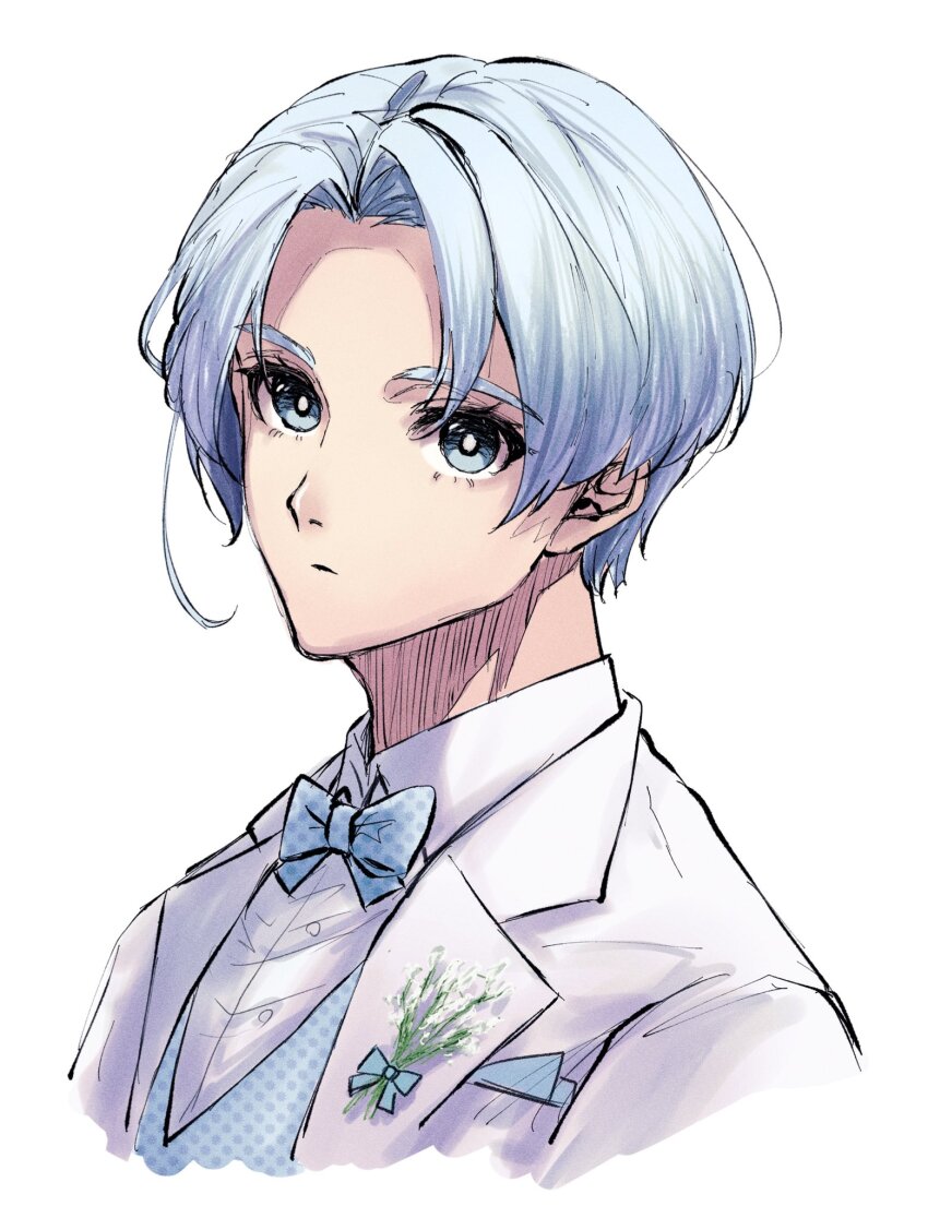 1boy blue_bow blue_bowtie blue_eyes blue_hair blue_lock bow bowtie bright_pupils character_request check_character check_copyright closed_mouth collared_shirt copyright_request formal_clothes haru_(_266hr) highres lapels looking_at_viewer male_focus notched_lapels portrait shirt short_hair simple_background solo white_background white_pupils white_shirt you_hiori